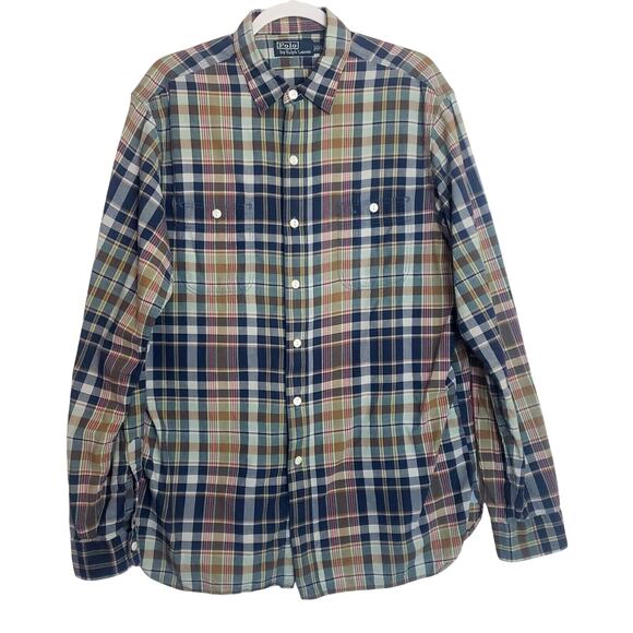 Polo by Ralph Lauren Mens Large Blue Plaid Button Up Shirt Top Stitch Detail LS - Picture 1 of 7